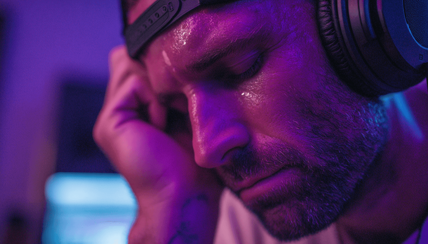 Deep focus mode - getting every detail right Producer intensely listening to lyric swap results