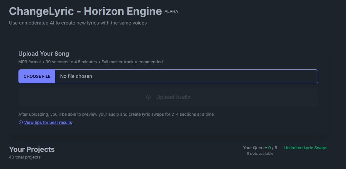 The new V2 Horizon interface for professional lyric modifications ChangeLyric Horizon Engine user interface