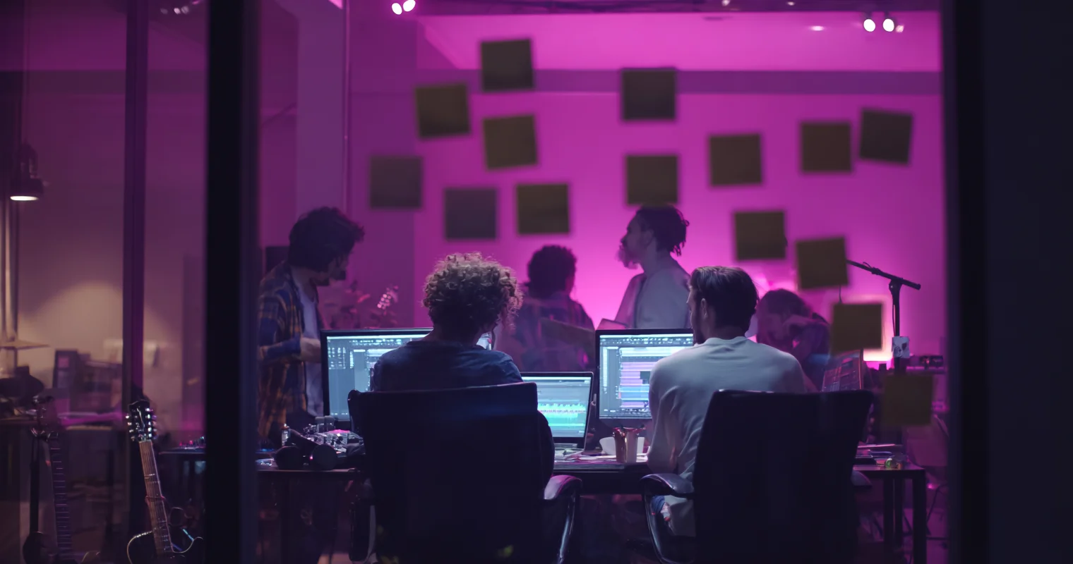 Professional music producer using AI tools to change song lyrics Female music producer working on lyric changes in professional studio