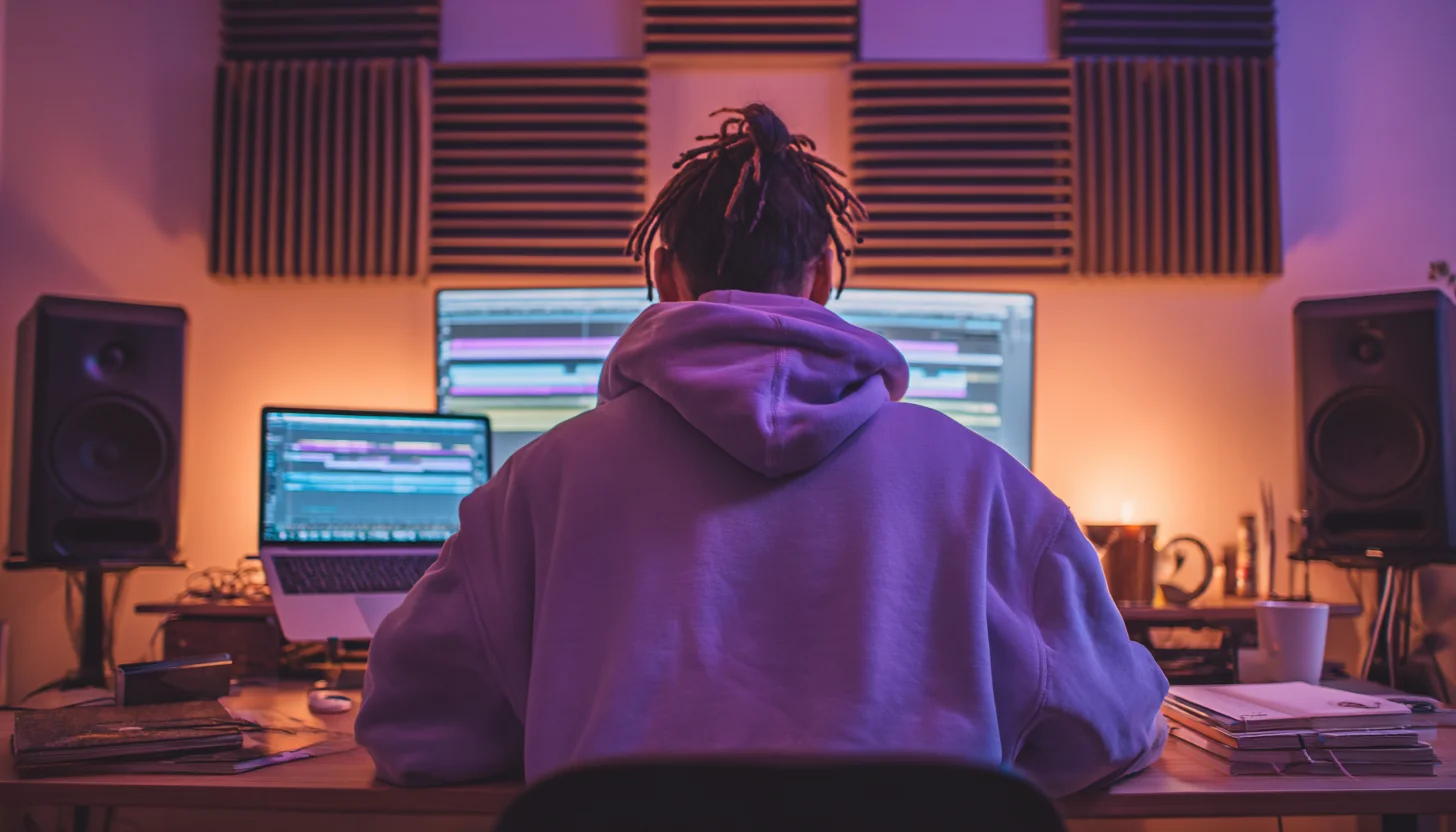 Content creator calculating the real costs of lyric changes Male content creator producing music with lyric changes for social media