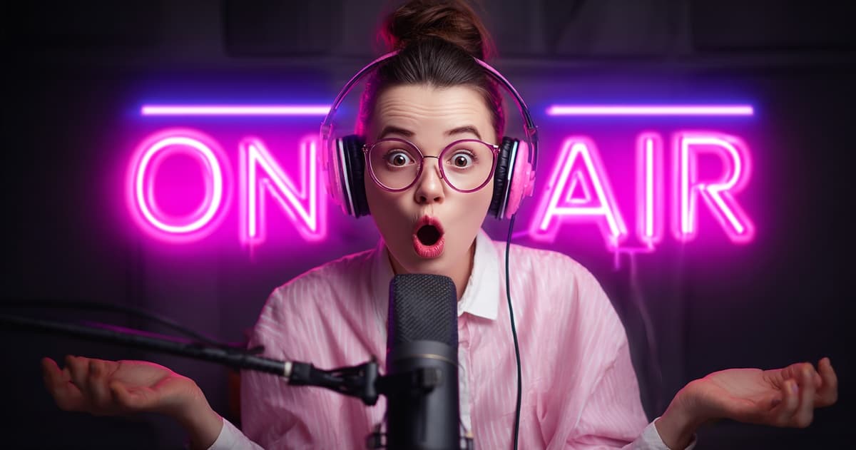 Professional DJs need clean versions for broadcast compliance Surprised DJ in radio booth discovering clean version requirements