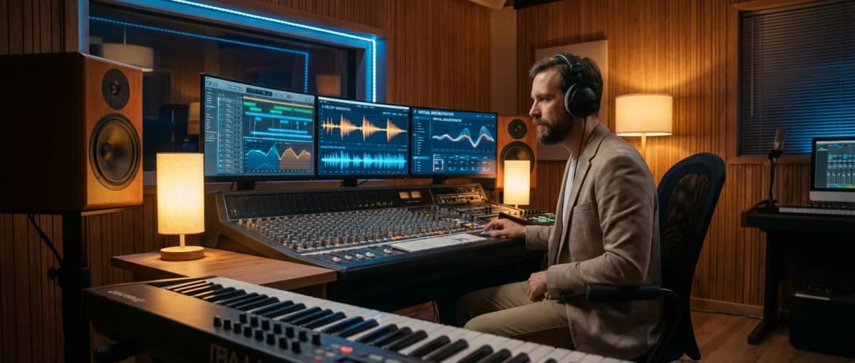 Music producer comparing AI music software on multiple monitors in a recording studio