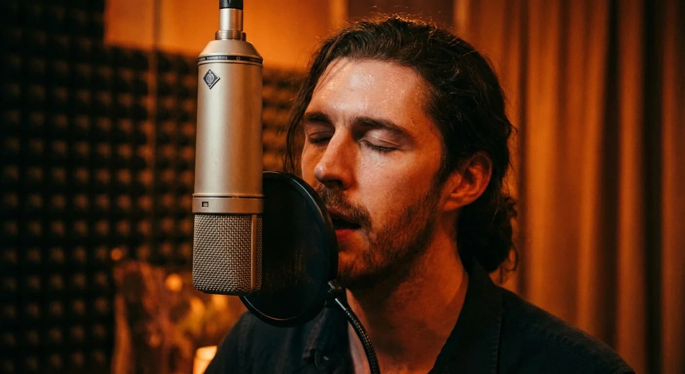 Singer performing into a condenser microphone in a professional vocal booth
