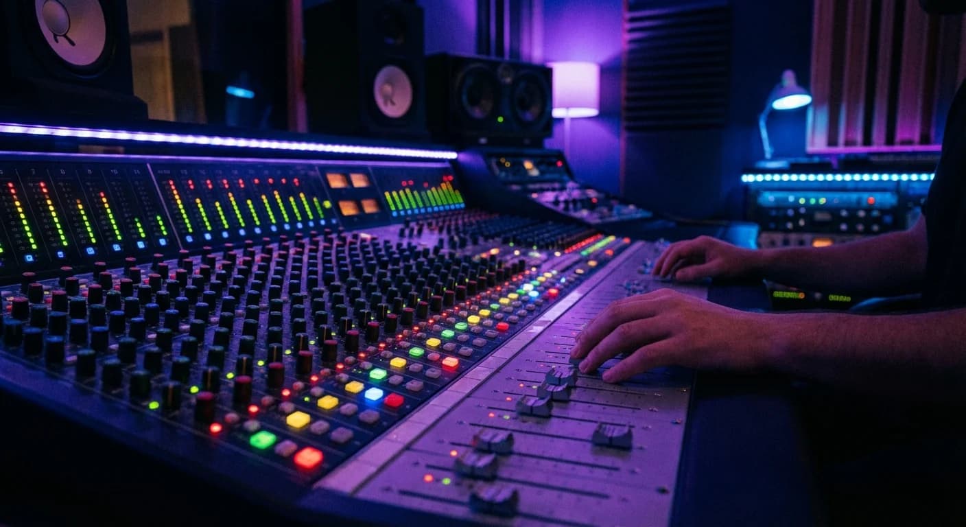 Professional mixing console with colorful LED meters in a dark recording studio