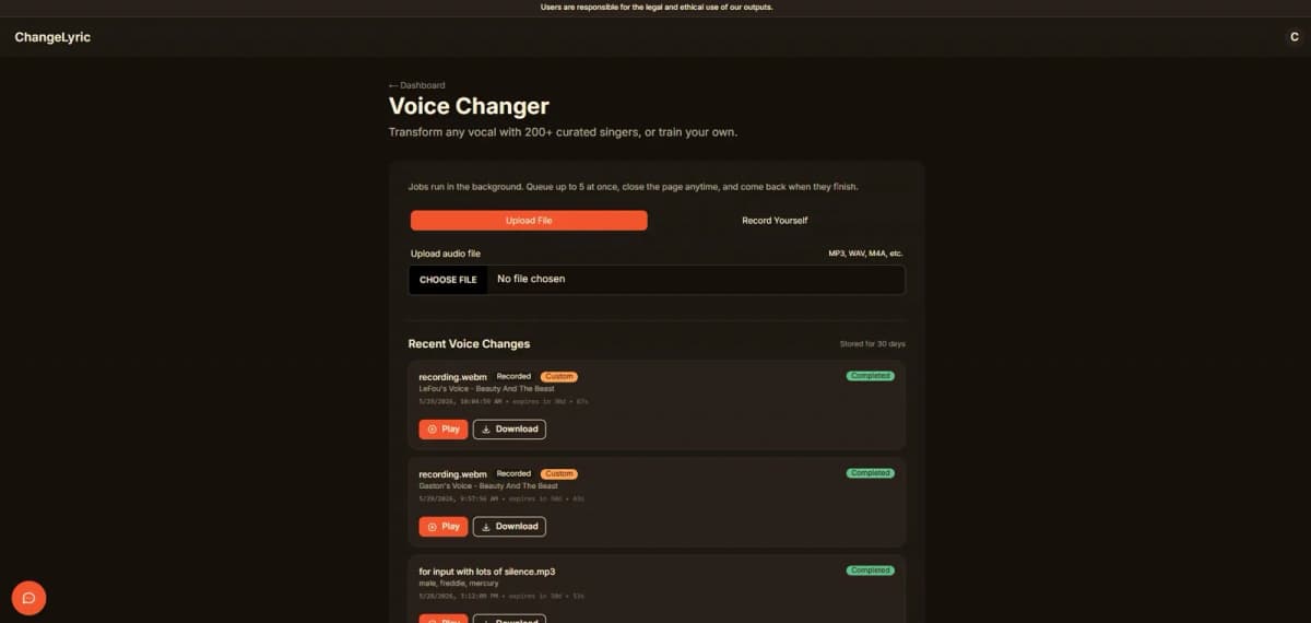 ChangeLyric voice changer dashboard showing recent vocal conversions
