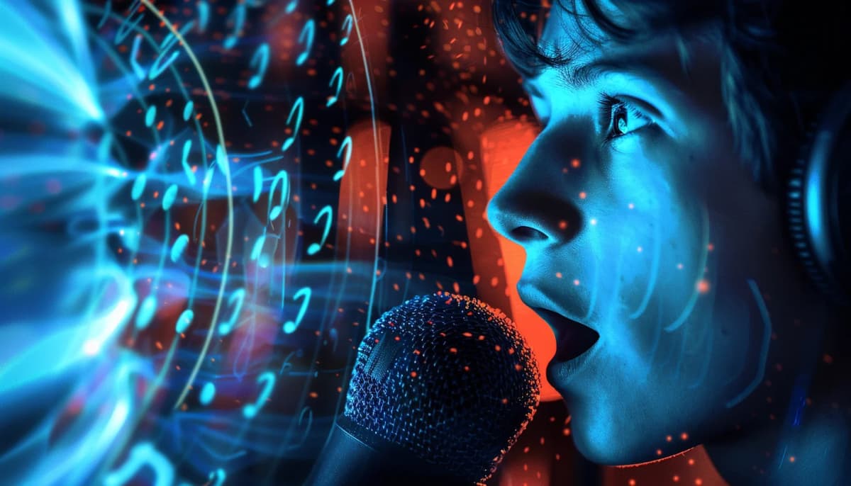 Person recording vocals into a microphone for AI voice model training