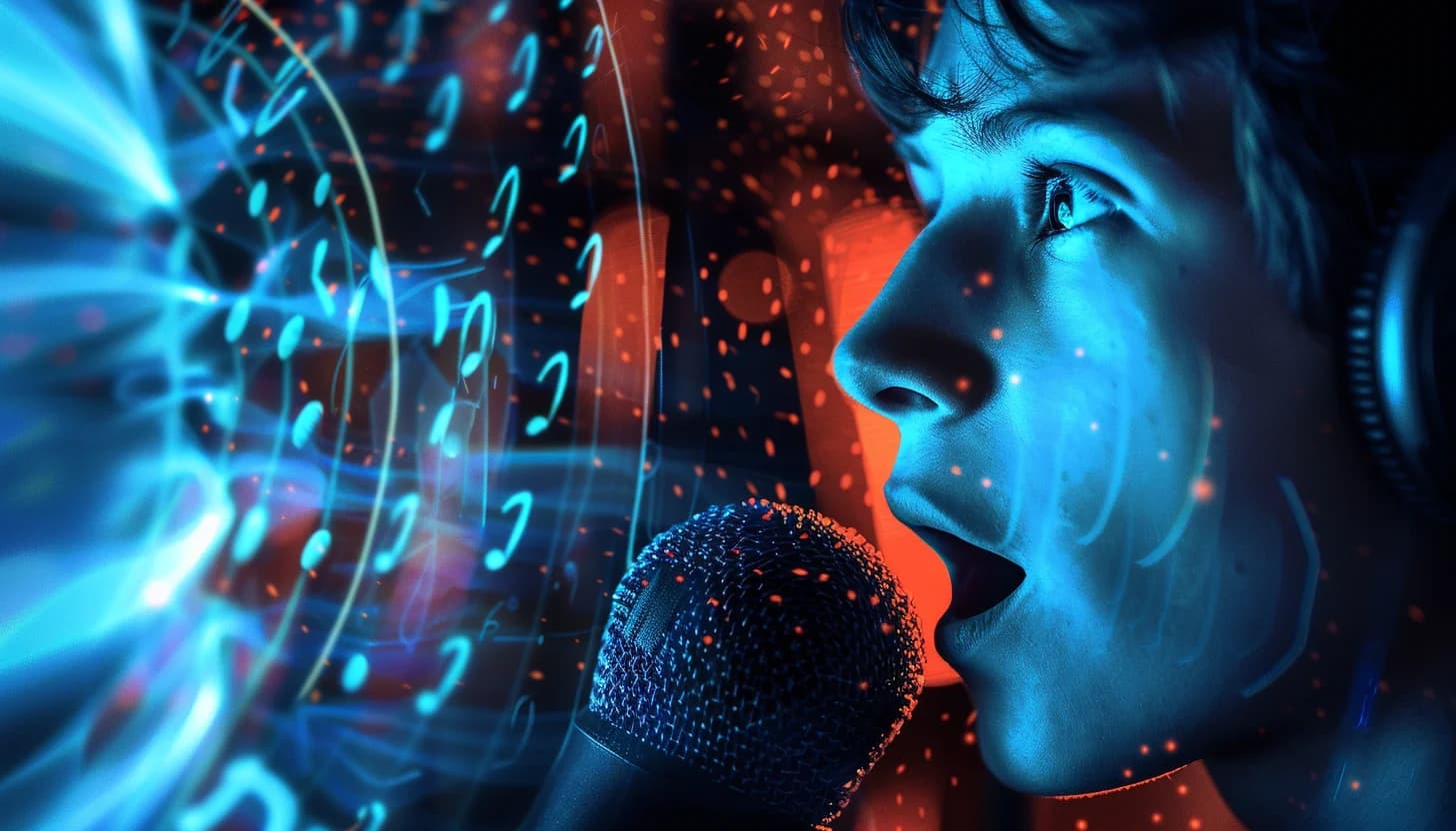 Recording clean vocals for AI voice model training Person recording vocals into a microphone for AI voice model training