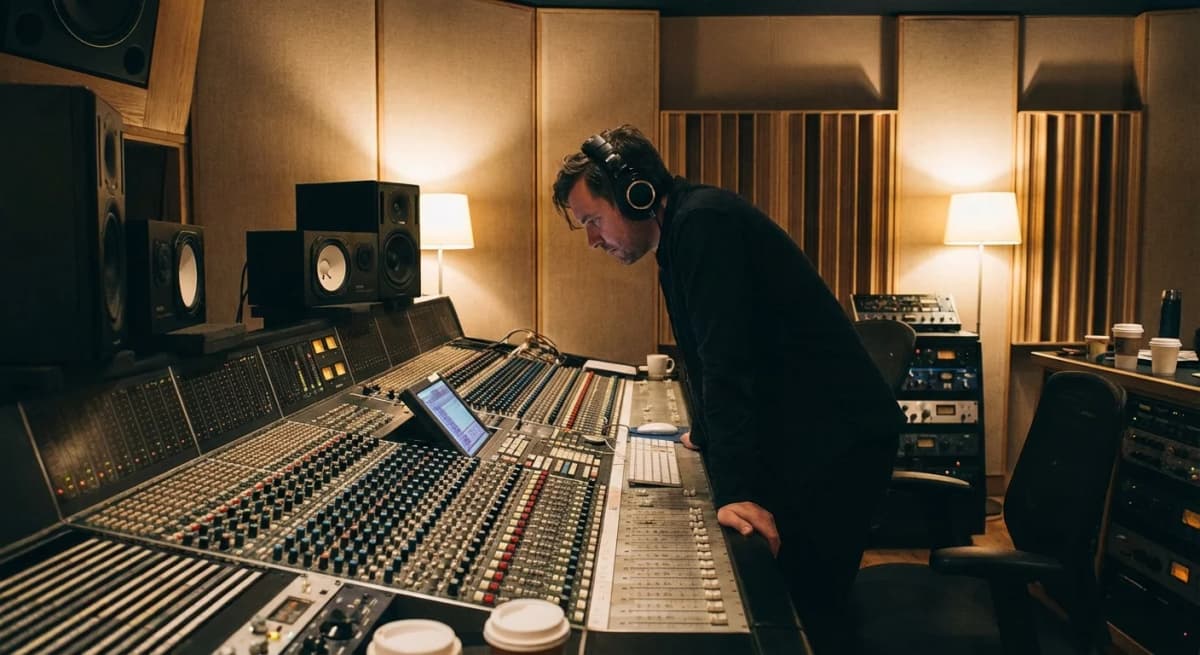 Audio engineer working at professional mixing console in recording studio