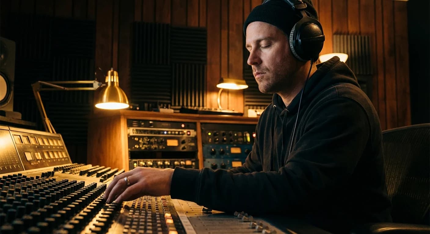 Music producer listening critically to vocal playback with headphones