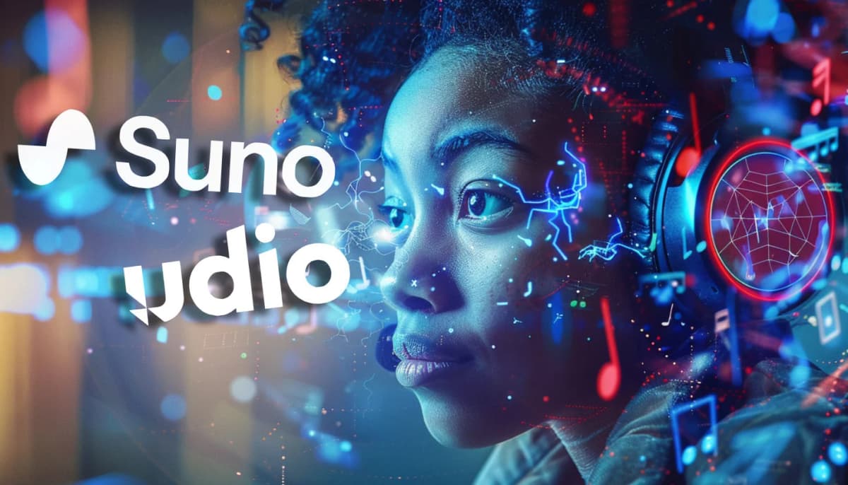 Suno vs Udio AI music generator comparison with person wearing headphones
