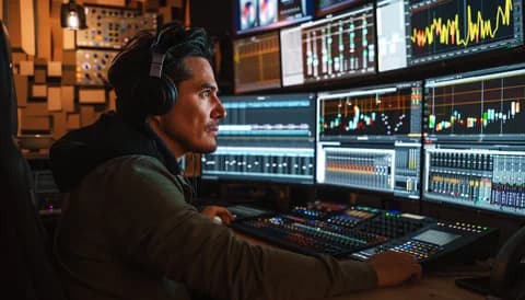 Evaluating AI music quality requires professional production experience Music producer evaluating AI-generated tracks at a professional mixing console