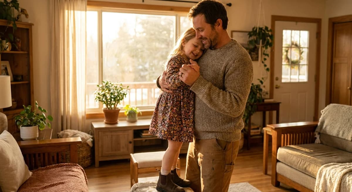 Father slow dancing in a sunlit living room with his young daughter standing on his shoes