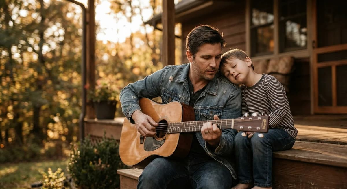 Father and son sharing a meaningful moment together with music