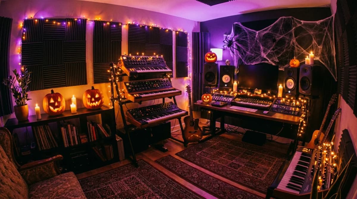 Home music studio decorated for Halloween with keyboard, string lights, and glowing jack-o-lanterns