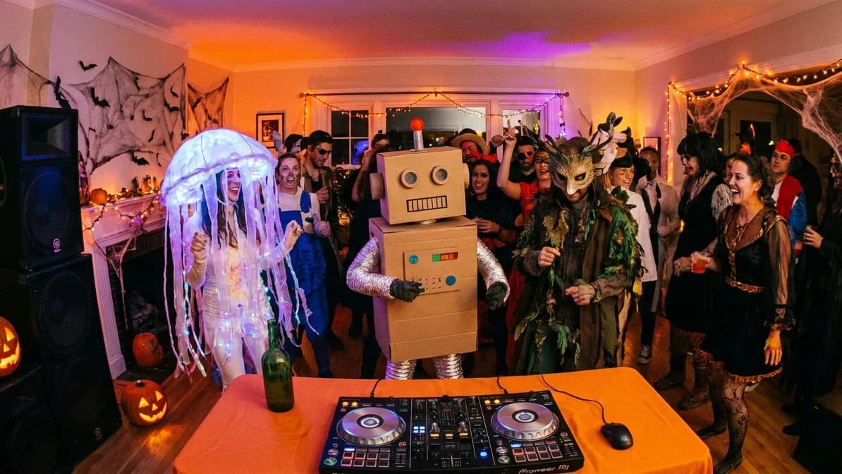 A custom parody becomes the moment of the party Halloween costume party with guests dancing near a large speaker under orange and purple lights