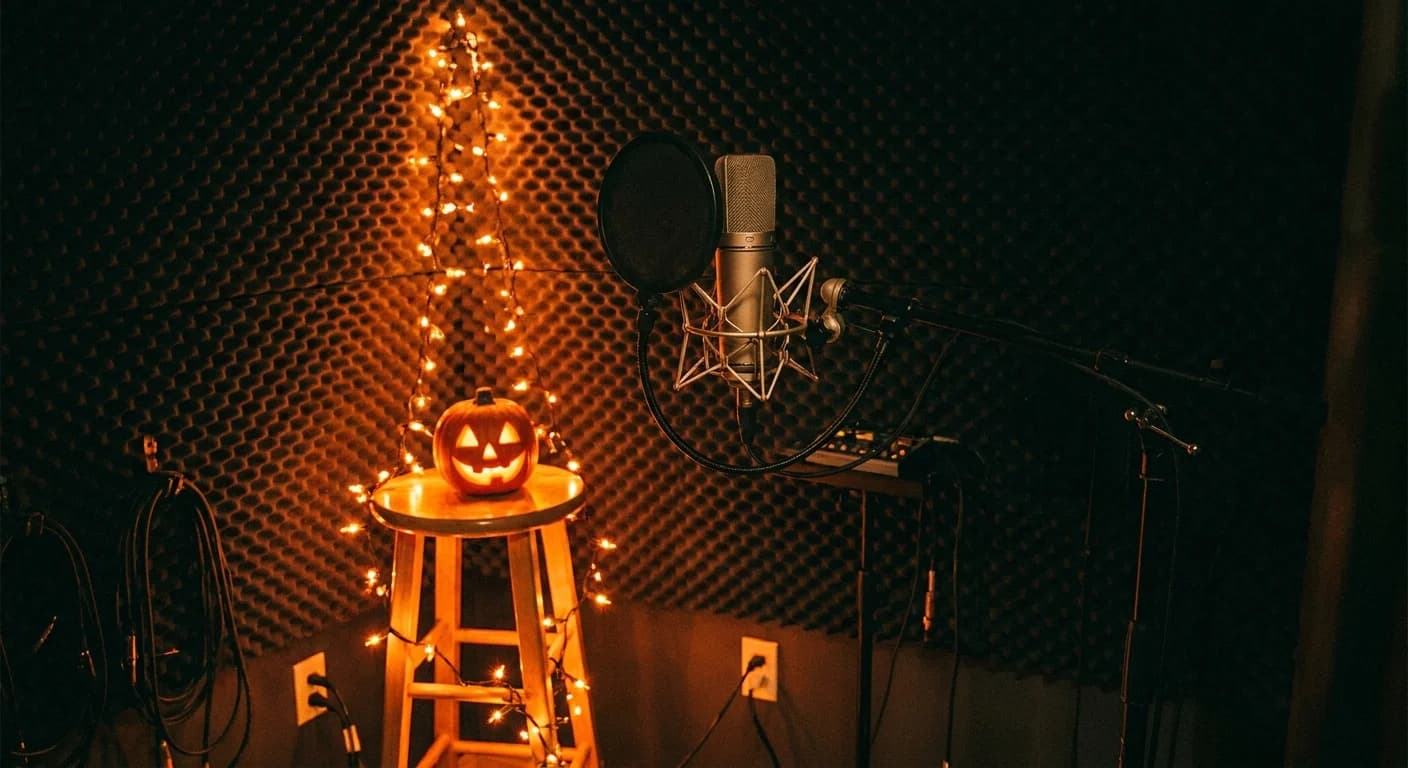 Custom Halloween parodies get produced one section at a time Studio microphone with pop filter lit by Halloween string lights and a carved pumpkin