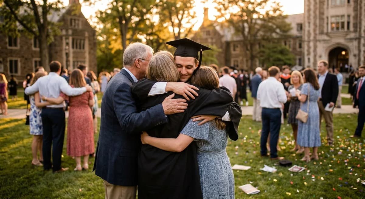 Graduate in cap and gown embracing their family at sunset after ceremony