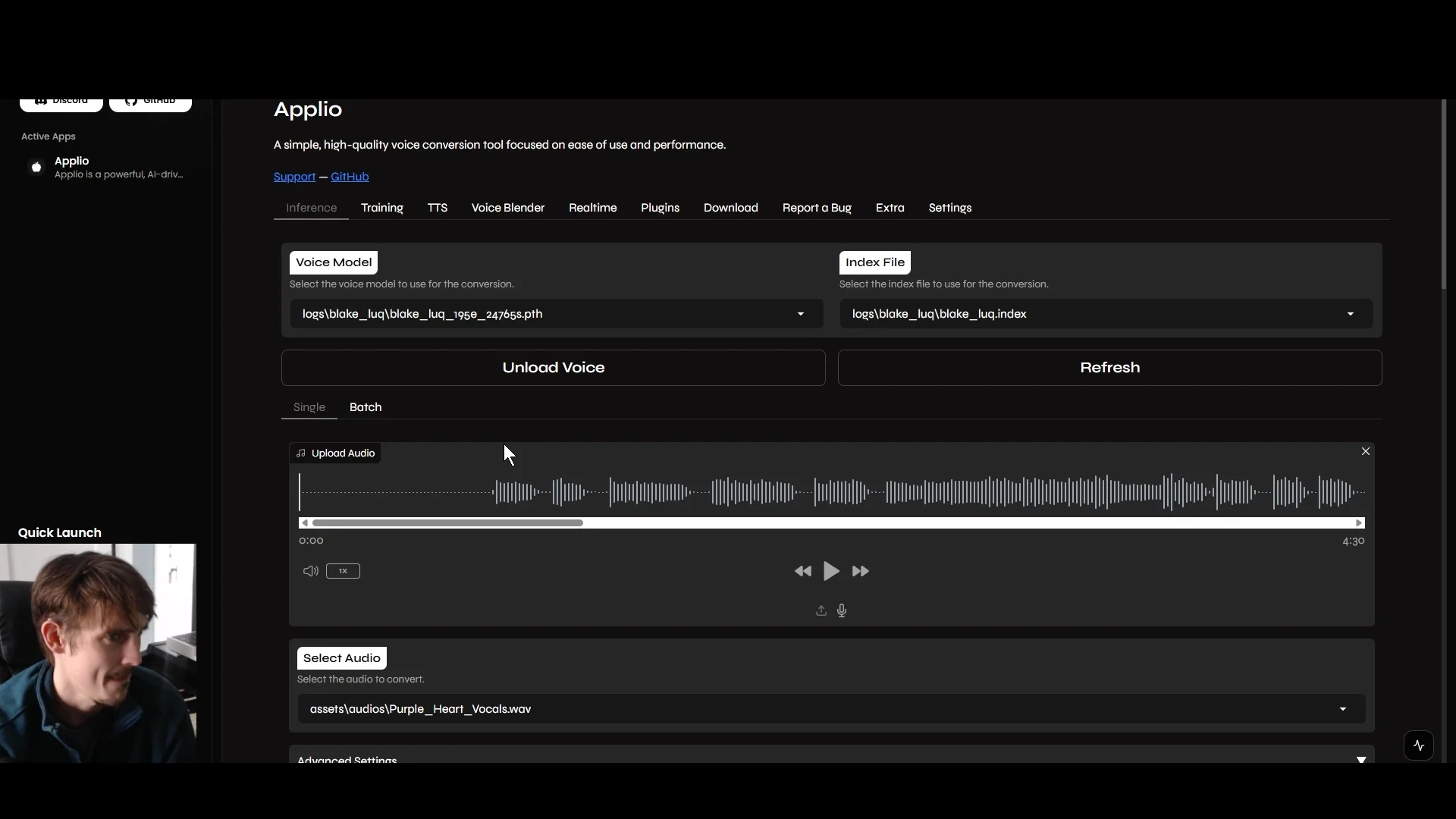 Applio RVC interface running in D1 for local voice conversion training