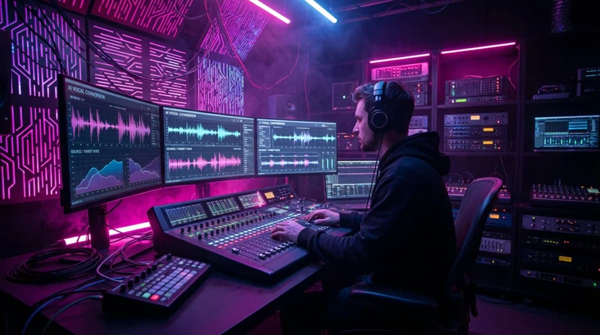 Music producer working on AI vocal replacement in cyberpunk studio