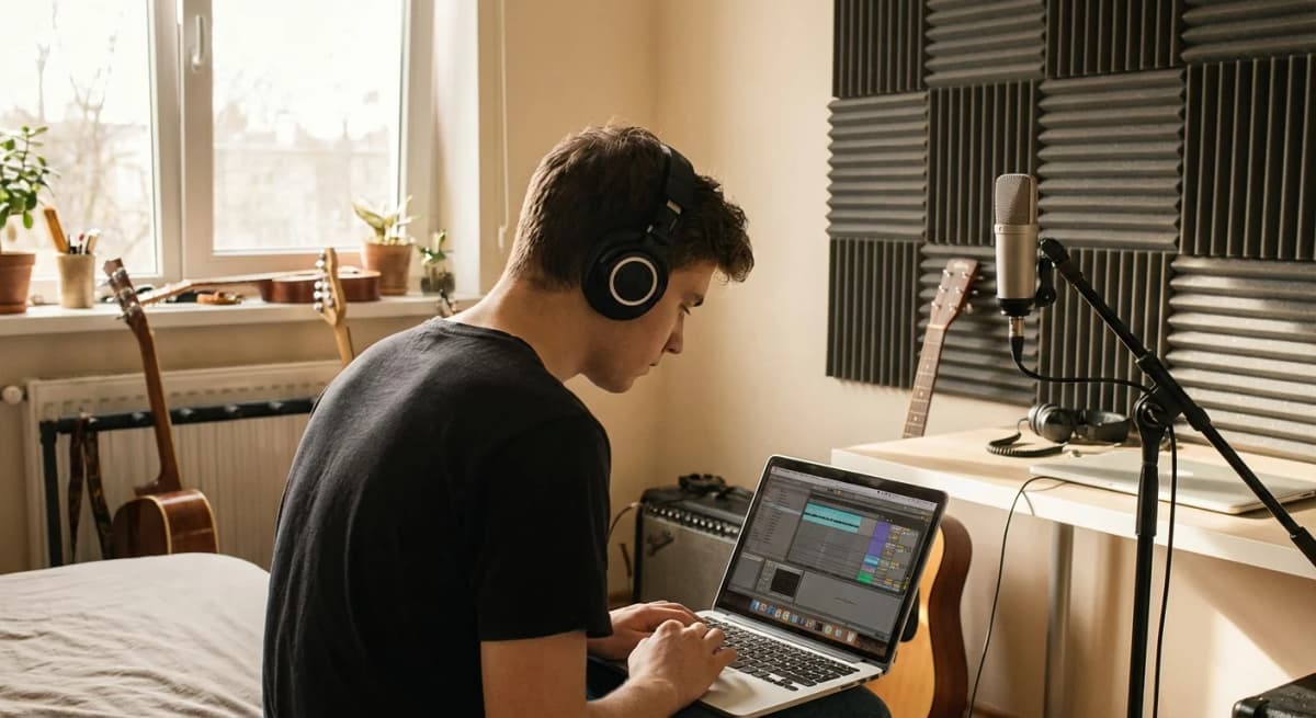 Young musician working on lyrics in a home studio with laptop and headphones