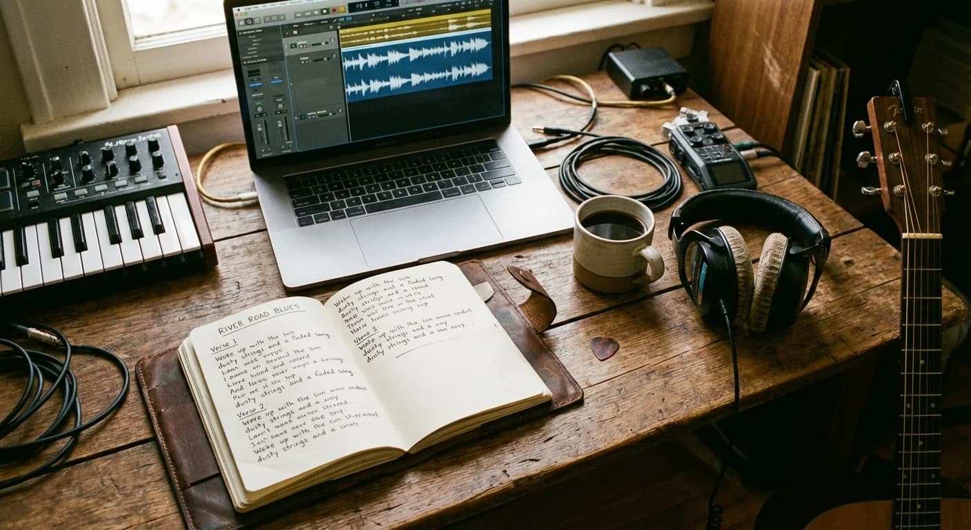 Musician's creative workspace with lyrics notebook, laptop with audio waveforms, and coffee
