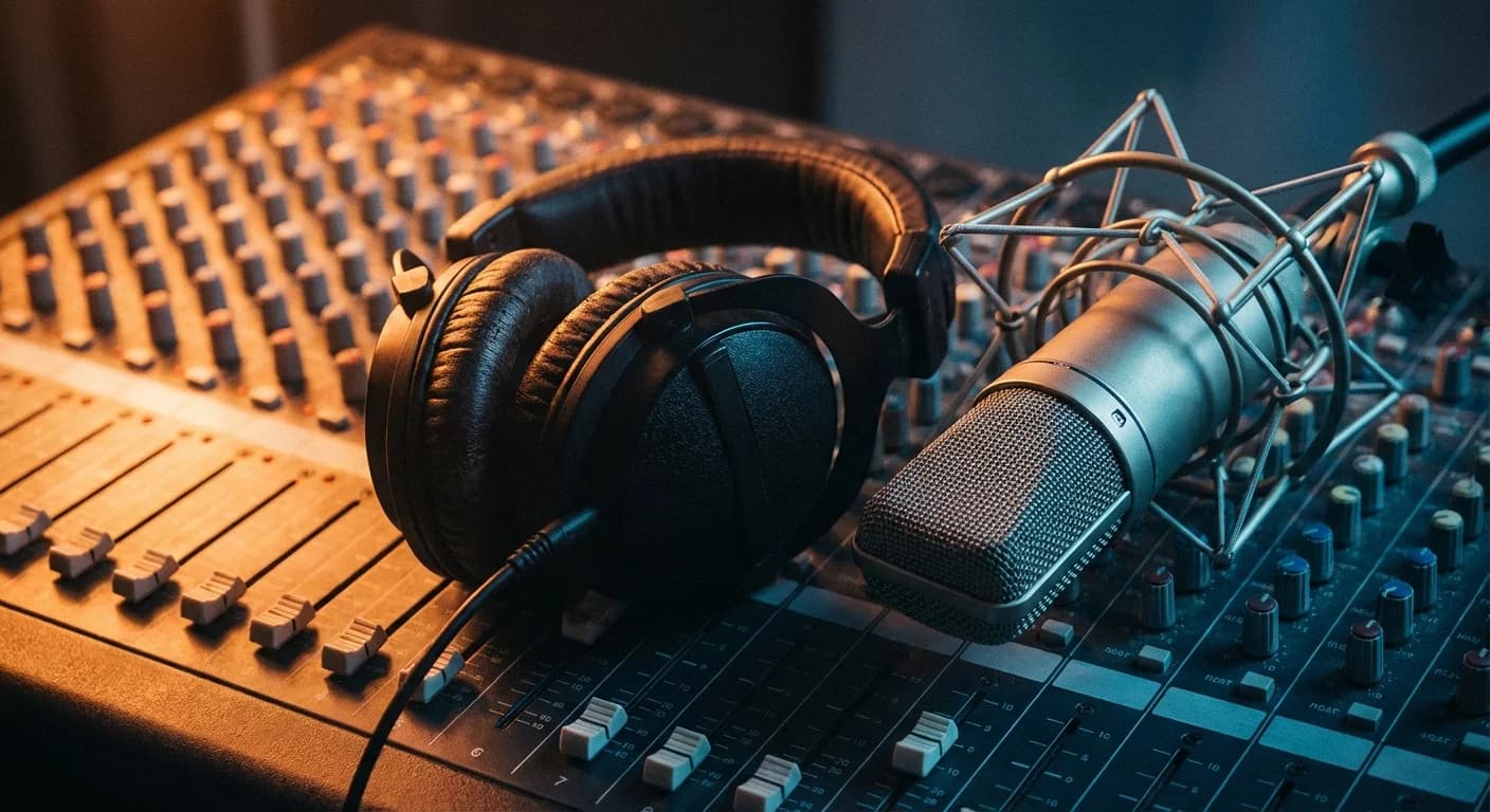 Professional headphones and condenser microphone resting on a mixing desk