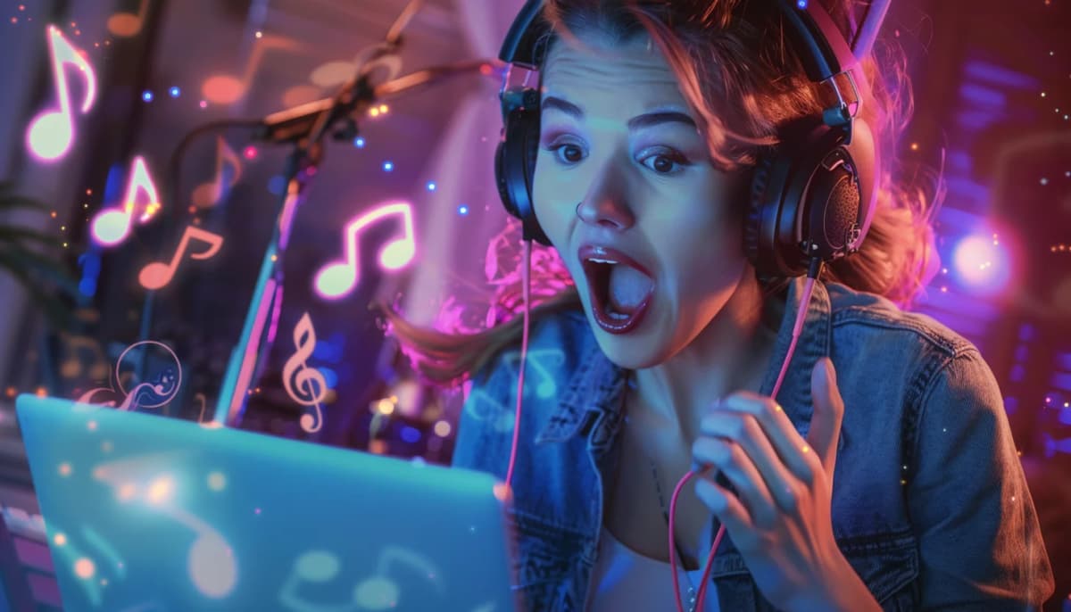 Person with headphones working on changing song lyrics at a computer with music notes floating around