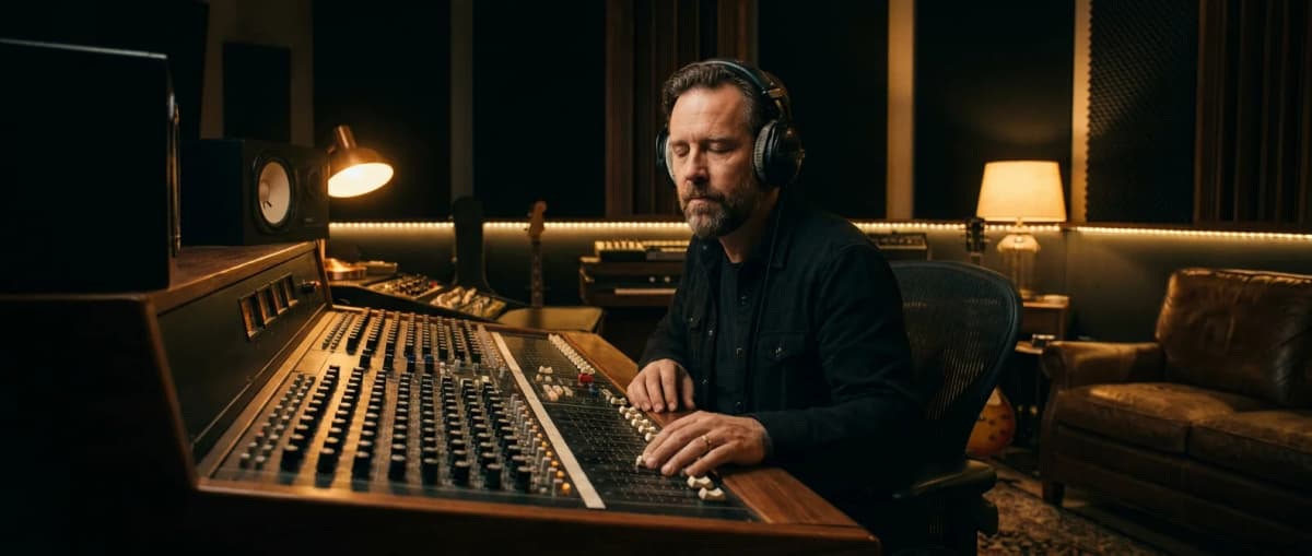 Music producer in a dimly lit studio listening critically through headphones at a mixing console