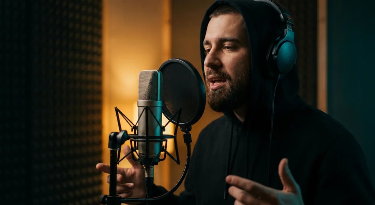 Rapper performing into a condenser microphone in a dim studio vocal booth