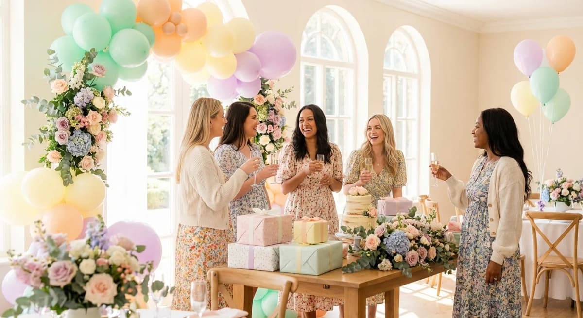 Friends celebrating at a beautifully decorated baby shower with pastel balloons and flowers