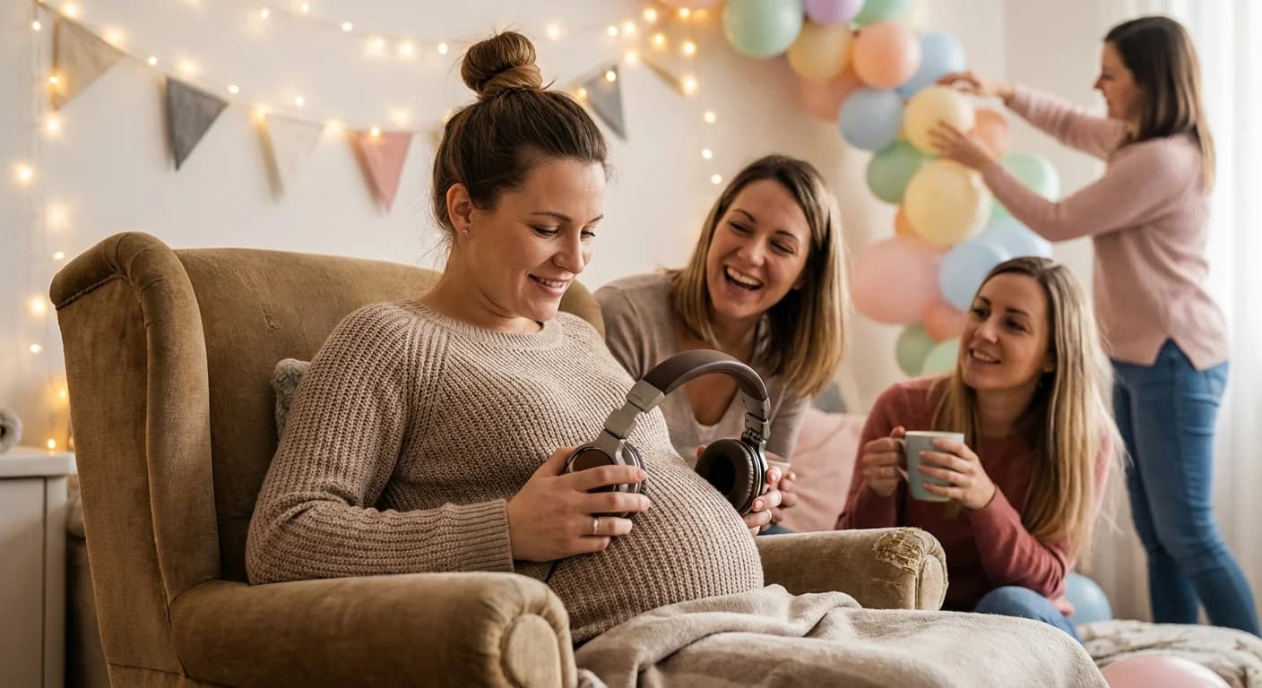 Expecting mother with headphones on baby bump surrounded by friends at a shower