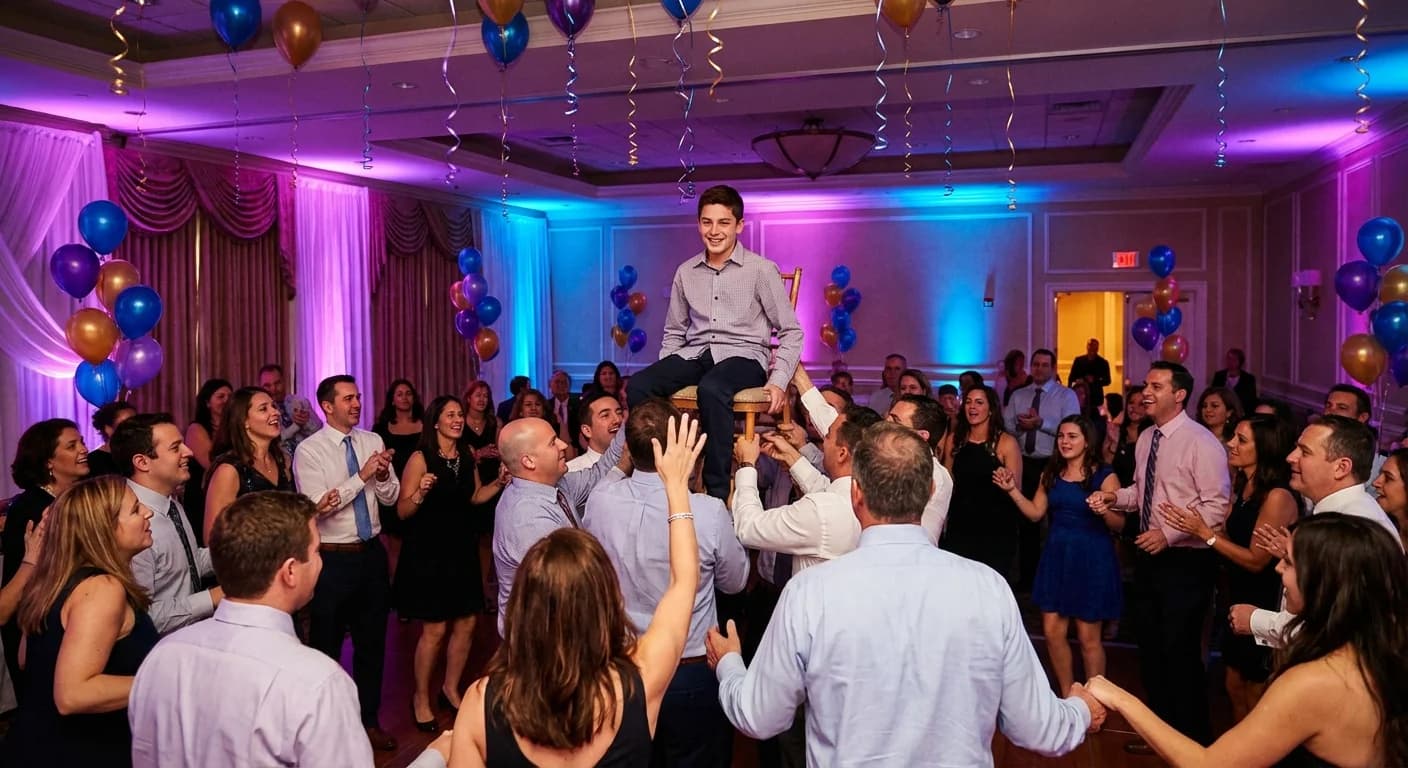 Custom song lyrics for Bar Mitzvah and Bat Mitzvah celebrations Teenager being lifted in chair during hora dance at a Bar Mitzvah celebration