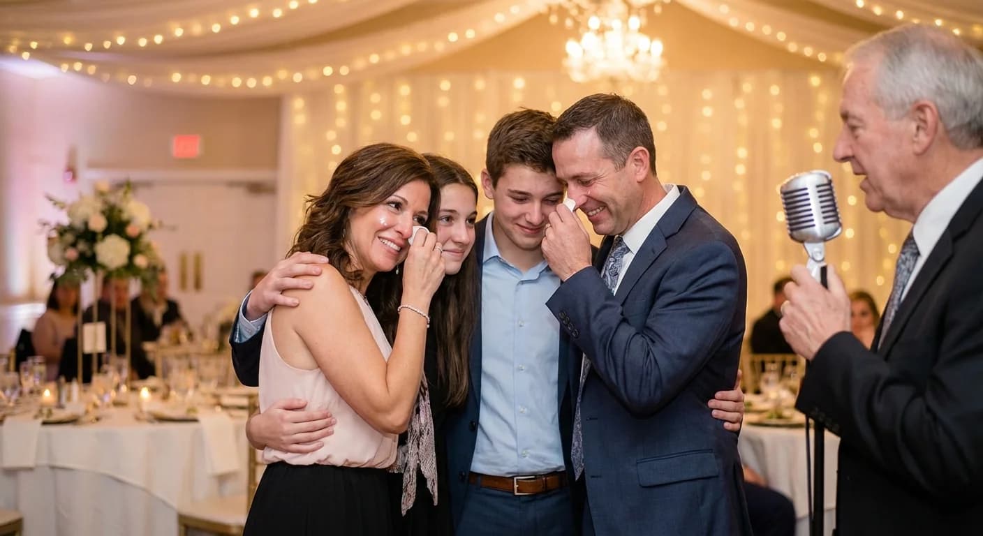 Emotional family moment at a celebration with parents and teenager
