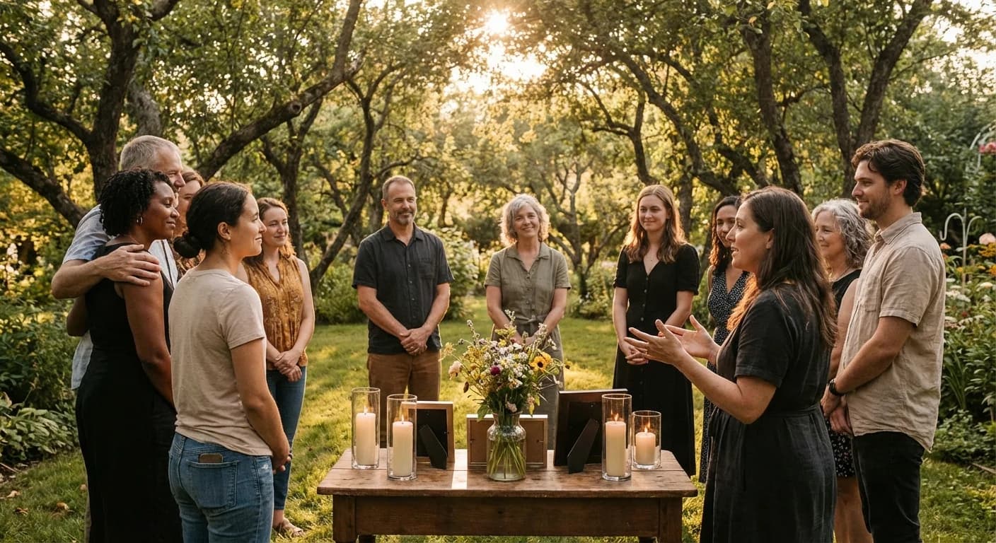 Custom song lyrics for a celebration of life ceremony Intimate outdoor memorial gathering with candles and flowers in a garden setting