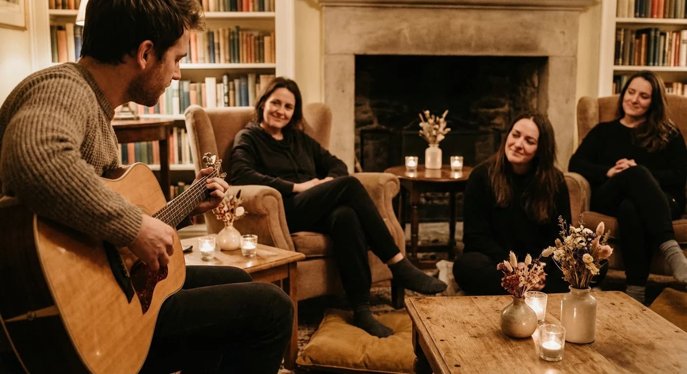 Musician playing acoustic guitar at intimate memorial gathering
