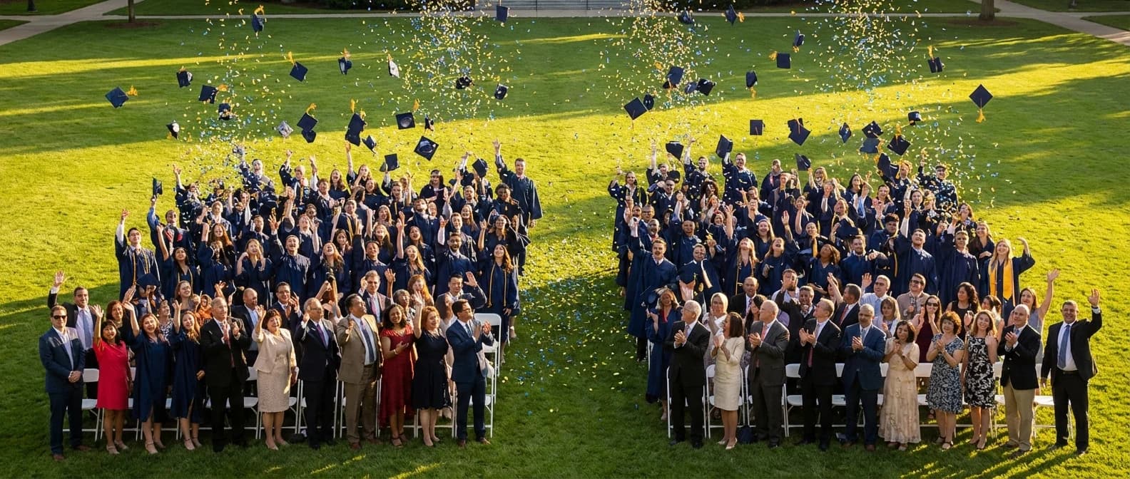 Custom song lyrics for graduation ceremonies and senior celebrations Graduates throwing caps into the air at outdoor graduation ceremony