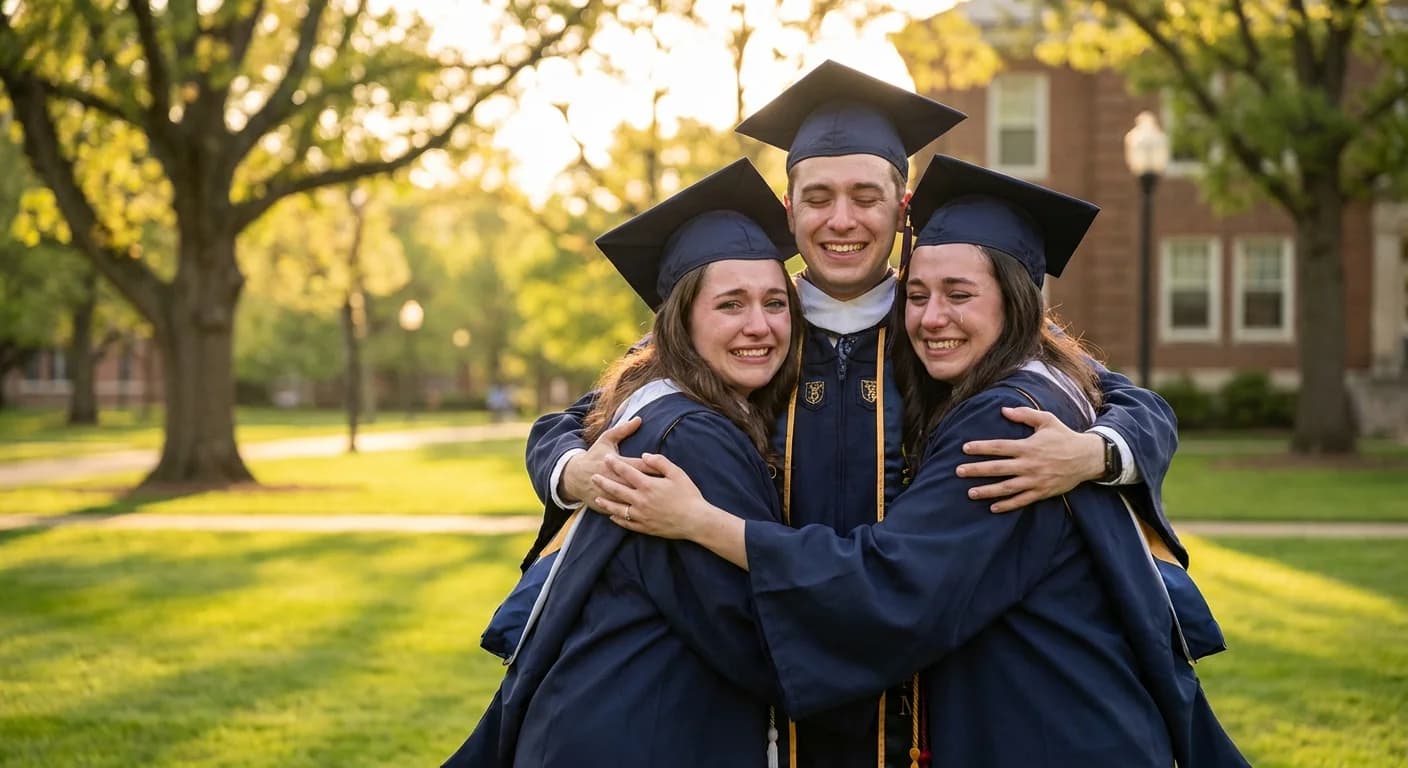 Graduates hugging and celebrating together on campus