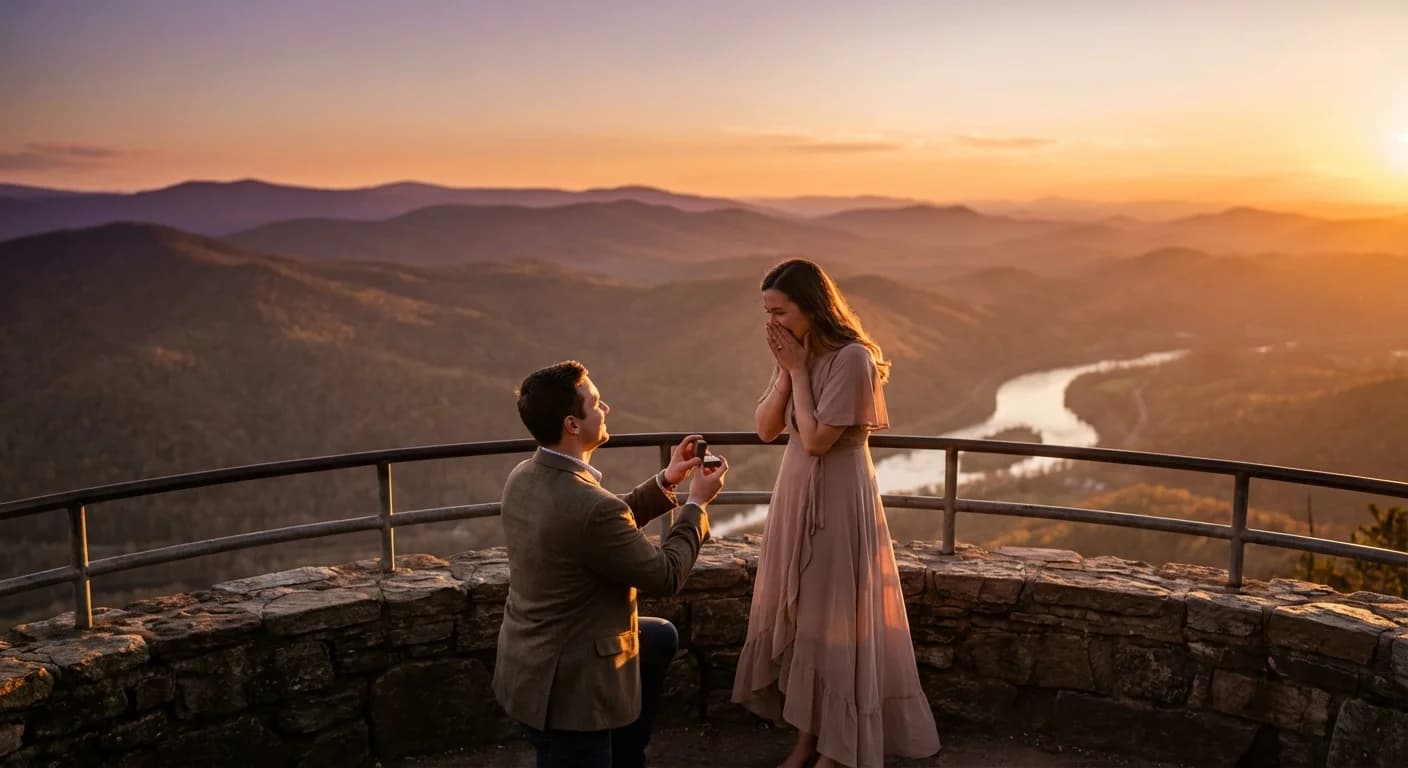 Custom song lyrics for marriage proposals Man proposing on one knee at a scenic mountain overlook at sunset