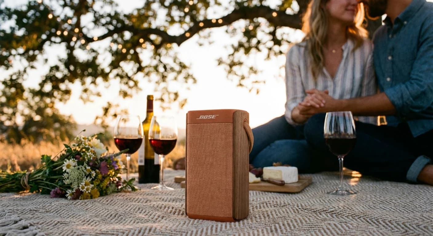 Romantic outdoor picnic setup with speaker and wine at sunset