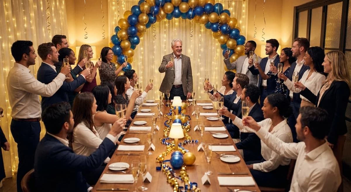 Coworkers raising champagne glasses at a retirement celebration dinner