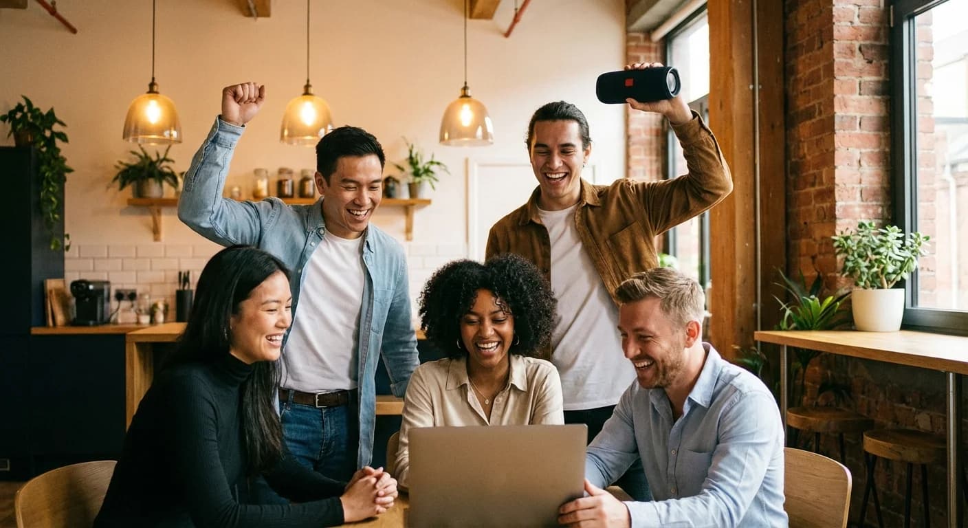 Coworkers gathered around a laptop and speaker laughing together
