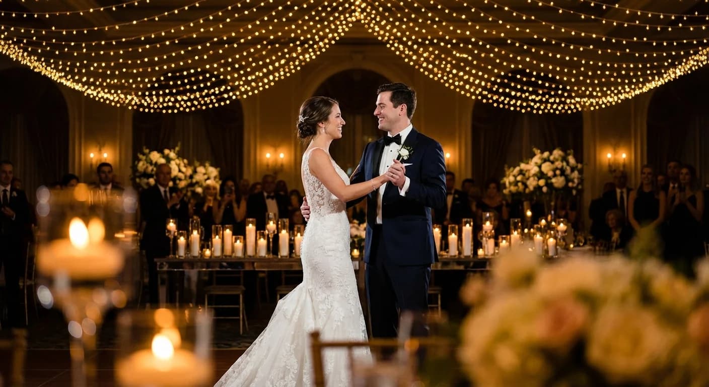 Personalized wedding song with custom lyrics for first dance Bride and groom sharing their first dance at a wedding reception under string lights