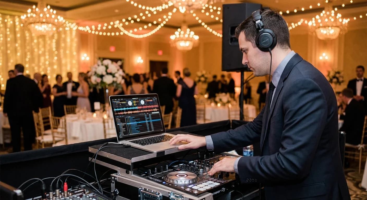 Wedding DJ working with audio equipment at reception venue