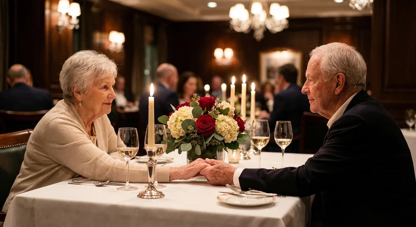Custom song lyrics for anniversary celebrations Couple holding hands at an elegant candlelit anniversary dinner