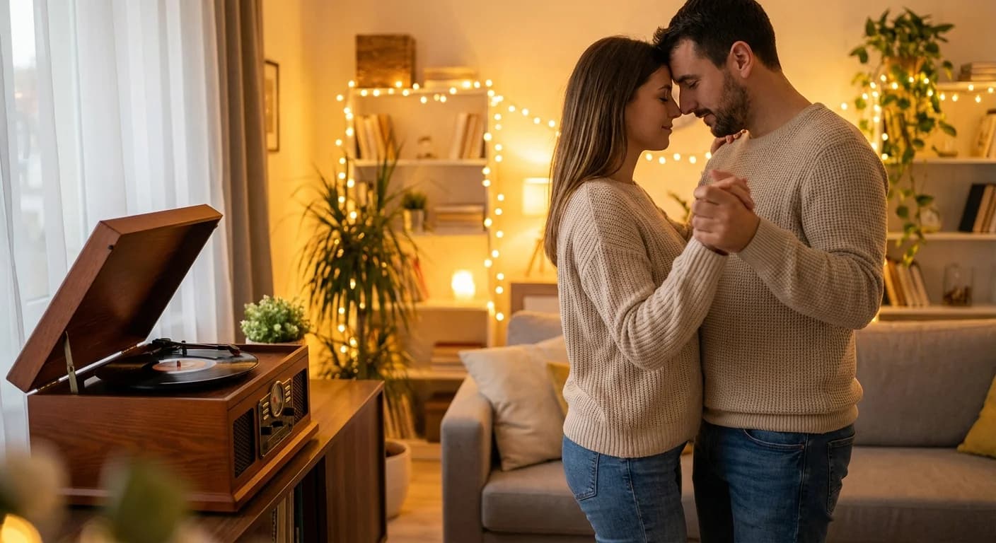 Couple slow dancing in their living room with string lights and a record player