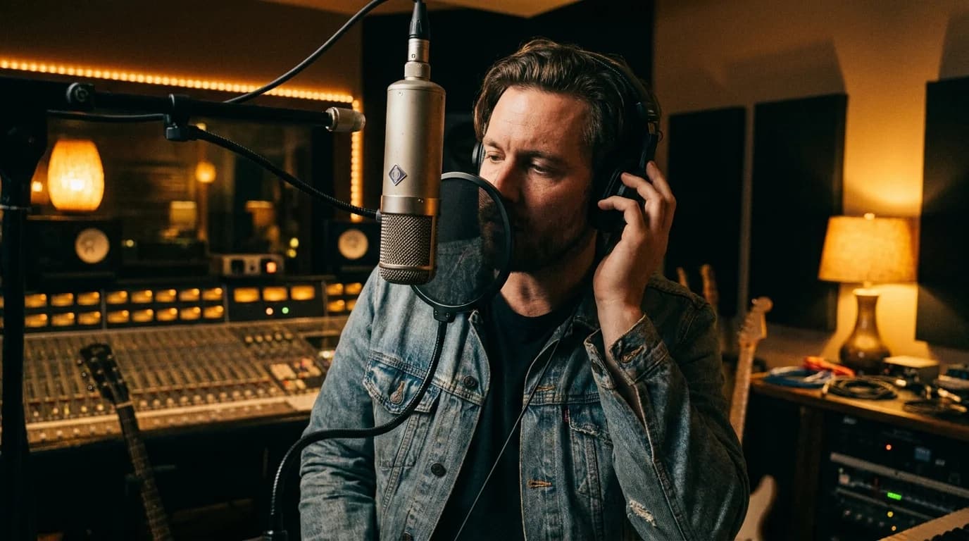 Singing a guide vocal to change your voice to match any singer Producer singing a guide vocal into a condenser microphone in a moody studio