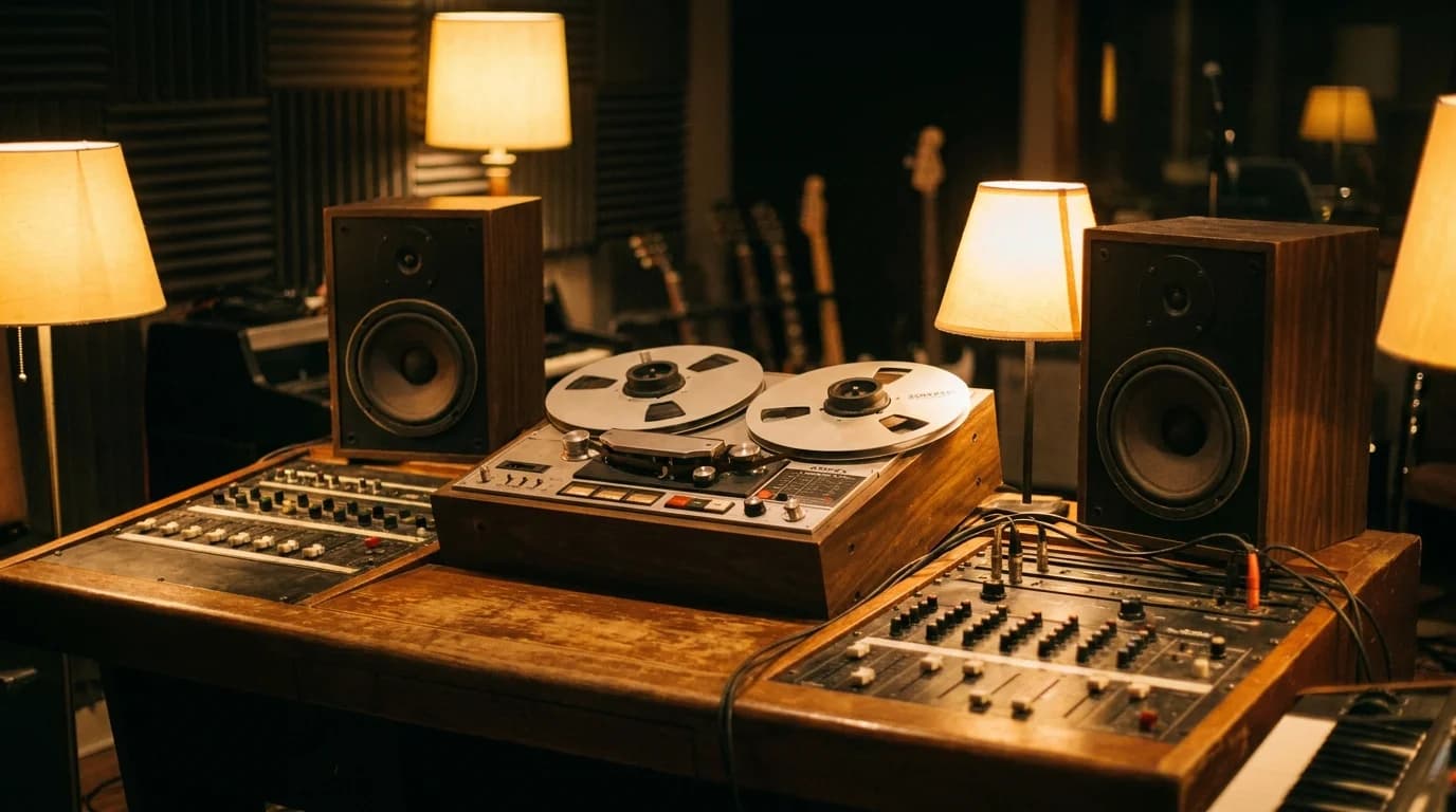 Clean single vocal sources make better voice models Reel to reel tape machine and studio monitors in a dim professional studio