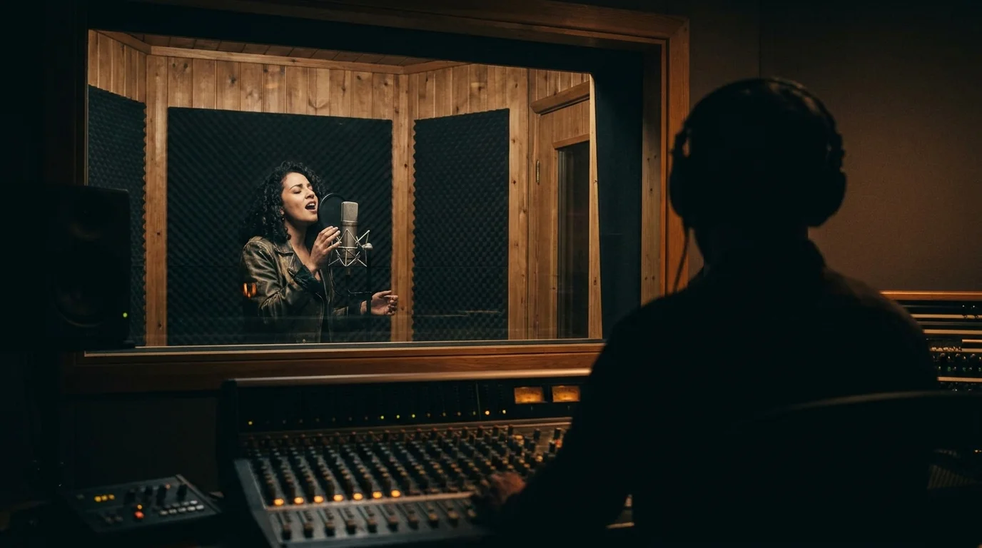 Comparing takes from the control room before comping Singer in a vocal booth viewed through control room glass