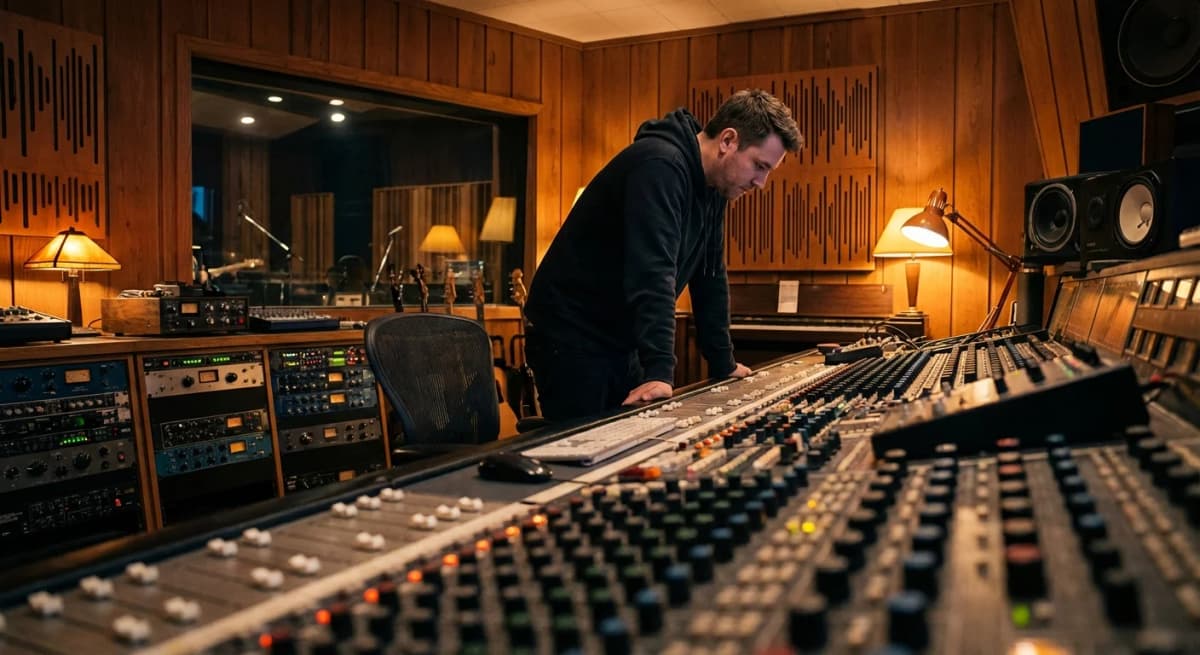 Music producer working at a professional mixing console in a recording studio