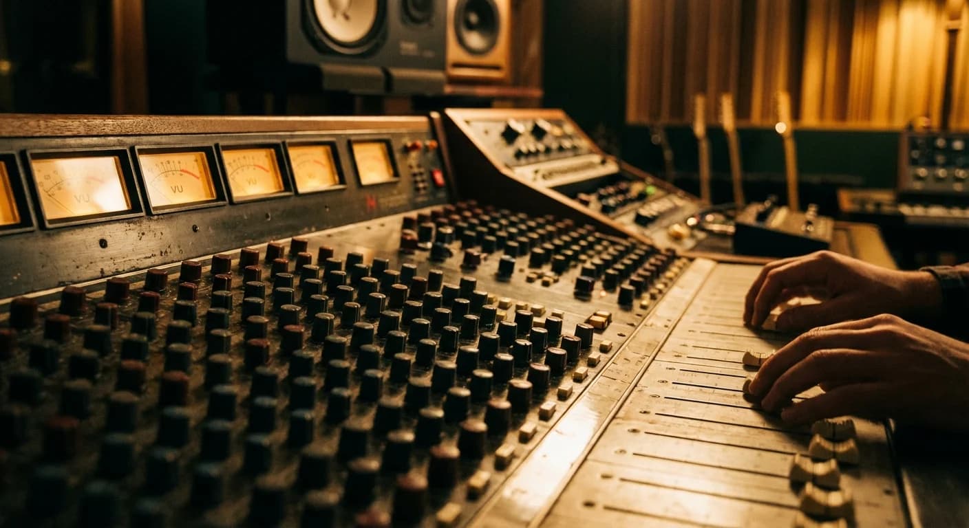 Close-up of professional analog mixing console with VU meters and faders